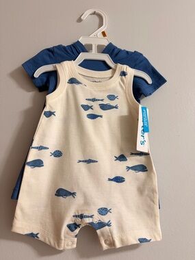 Carter's Blue and Cream Fish Romper Set with a Shark Hoodie
